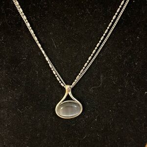 Grey Cat’s eye slider necklace silver tone double chain 14” with extension
